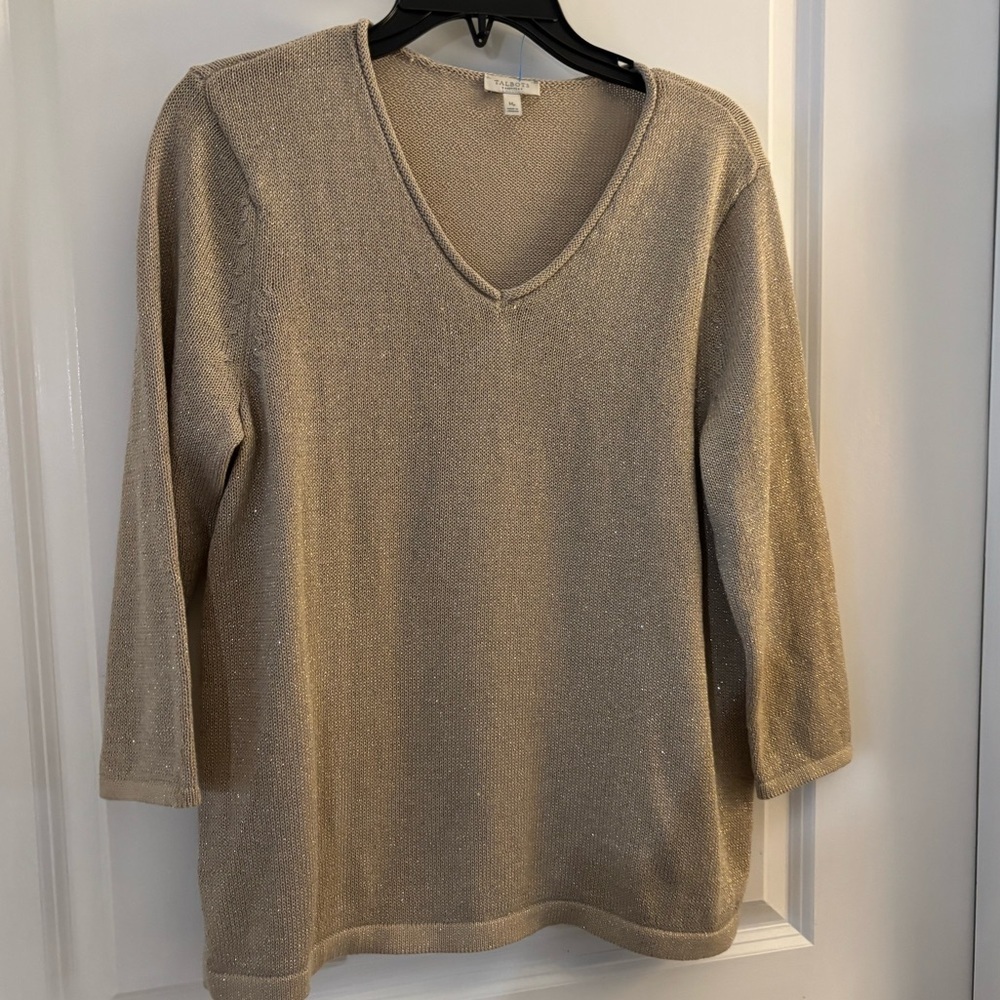Talbots Petites Metallic Knit V-Neck Pullover Sweater - Shimmery Champagne Sz MP